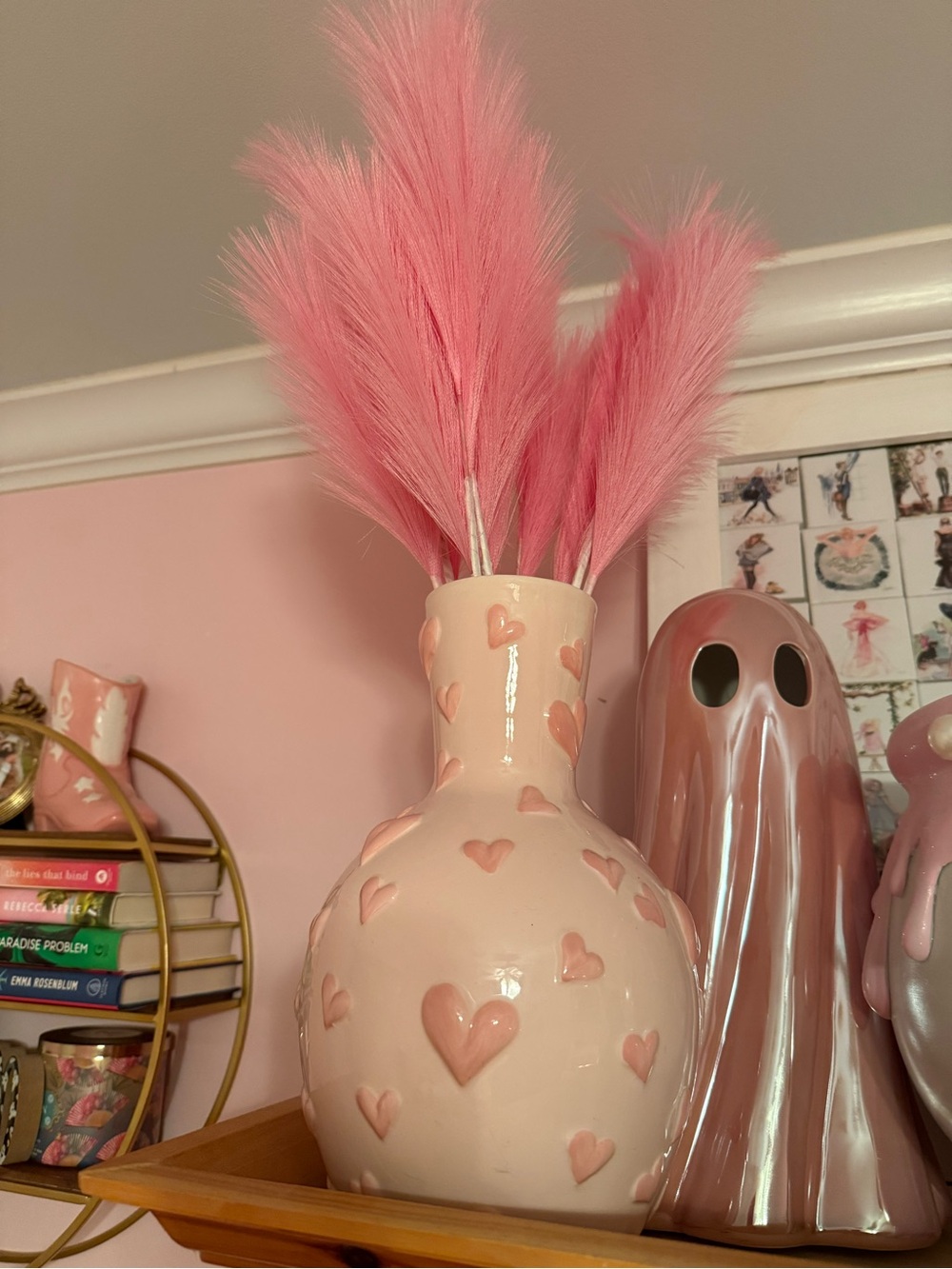 Pink Heart Ceramic Vase with Pink Pampas Accent